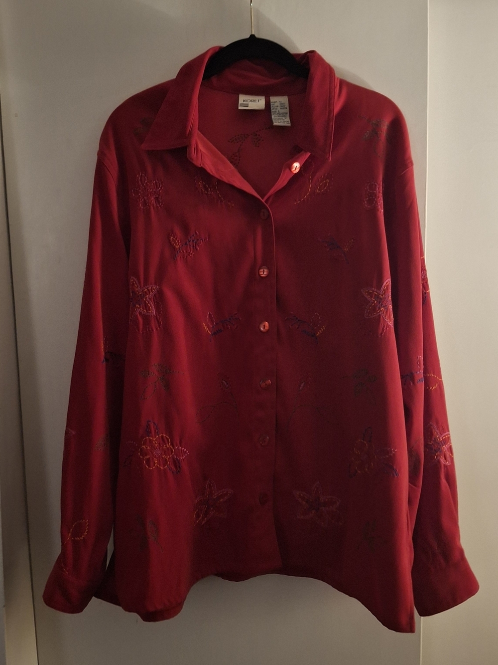 Koret Women's Red Embroidered Button-Up Long Sleeve Blouse